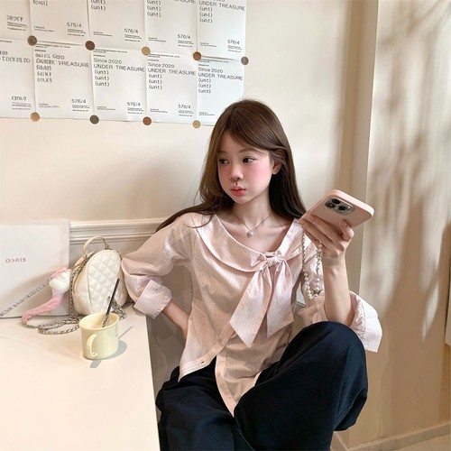 粉色斜门襟一字领长袖衬衫女秋季