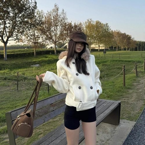 送运费险毛领双排扣短款连帽外套