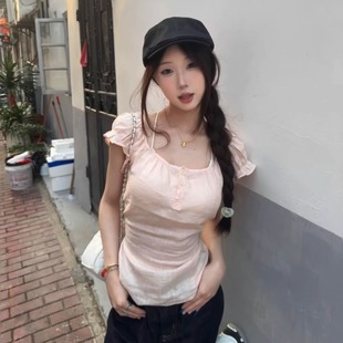 修身 韩系甜美少女感粉色泡泡袖 新款 短袖 显瘦气质小众T恤 2025夏季