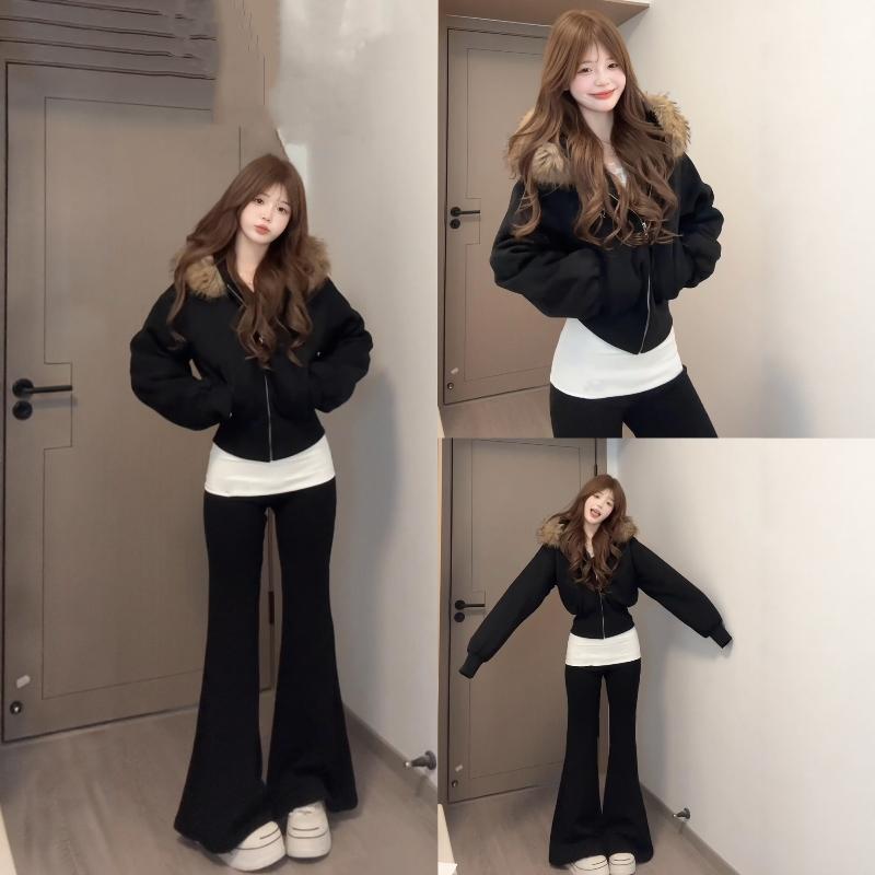 毛领卫衣外套女加绒微喇裤两件套