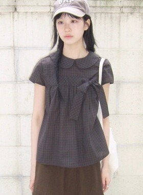 韩系甜美蝴蝶结娃娃领短袖衬衫2025夏季新款宽松显瘦气质上衣潮