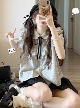 学院风条纹荷叶边泡泡袖衬衫女早秋甜美设计感小个子显瘦短款上衣