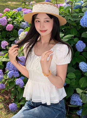 韩系甜美白色泡泡袖短袖衬衫女2025夏季新款收腰显瘦法式短款上衣