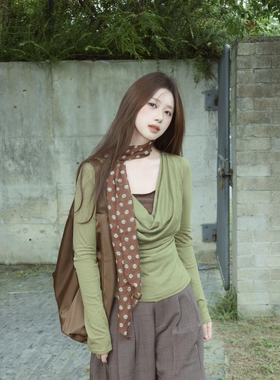 美式复古假两件撞色针织长袖T恤女秋新款老钱风修身荡领气质上衣