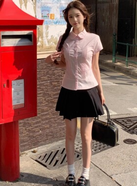 韩系甜美粉色短袖衬衫女夏季2025新款宽松休闲收腰百搭小飞袖上衣