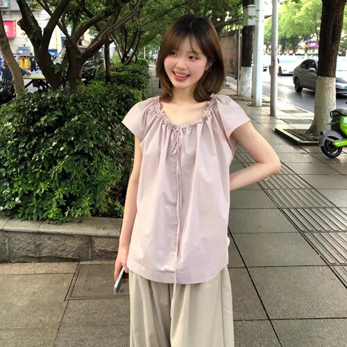 慵懒风系带粉色宽松慵懒风衬衫女