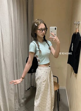 薄荷绿上衣甜辣妹侧腰缕空上衣