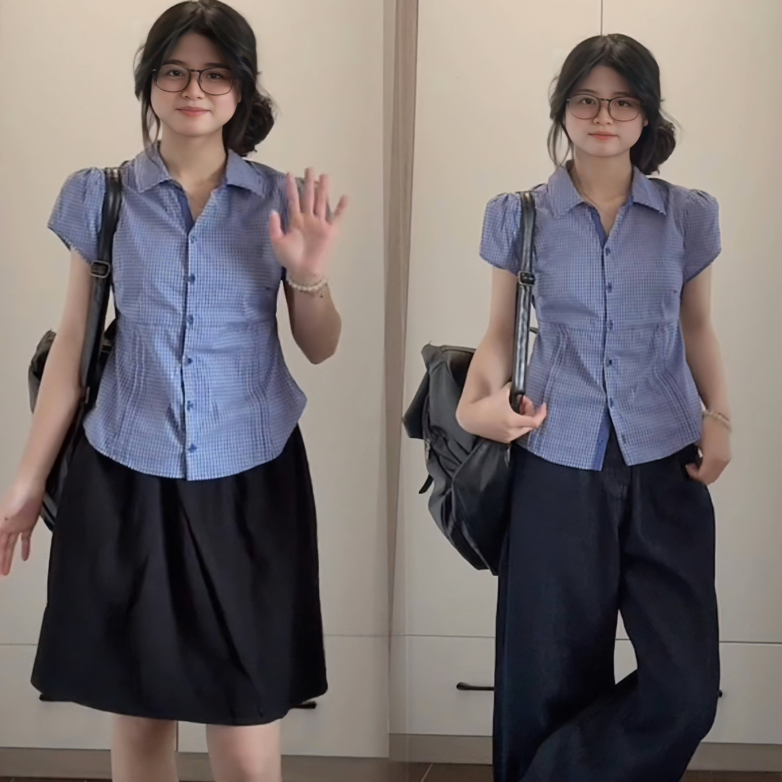 复古蓝色格子衬衫设计感别致上衣