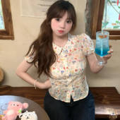 泡泡袖 碎花短袖 衬衫 法式 女夏2025新款 设计感收腰显瘦韩系甜美衬衣