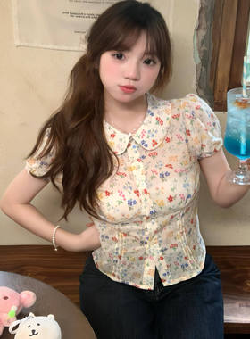 法式泡泡袖碎花短袖衬衫女夏2025新款设计感收腰显瘦韩系甜美衬衣