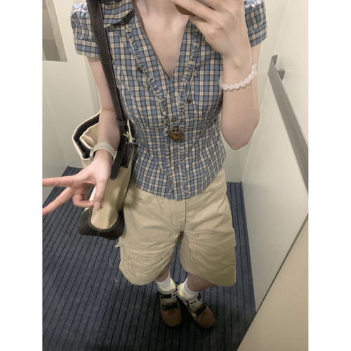 韩系复古木耳边V领正肩短袖衬衫