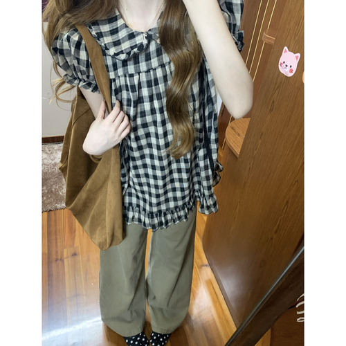 韩系少女感娃娃领格纹短袖衬衫