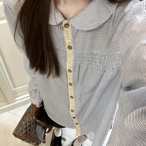 学院风甜美娃娃领衬衫蓝色衬衫