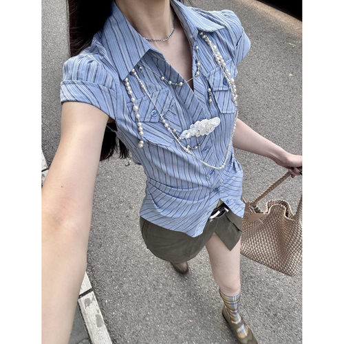 韩系复古条纹掐腰正肩短袖衬衫女夏季新款修身显瘦气质口袋上衣