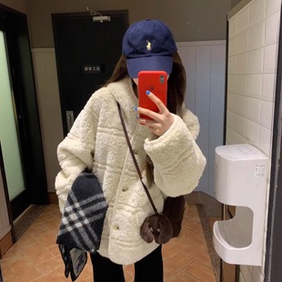 韩系chic羊羔毛连帽毛毛外套女冬季 百搭皮毛一体加厚保暖上衣 新款