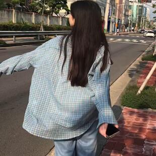 韩版蓝格子长袖衬衫外套女2024新款设计感慵懒风宽松休闲防晒上衣