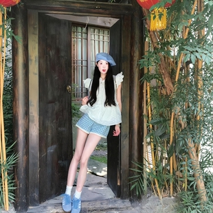 设计感甜美娃娃衫 女夏新款 休闲百搭上衣 白色衬衫 韩系木耳边小飞袖