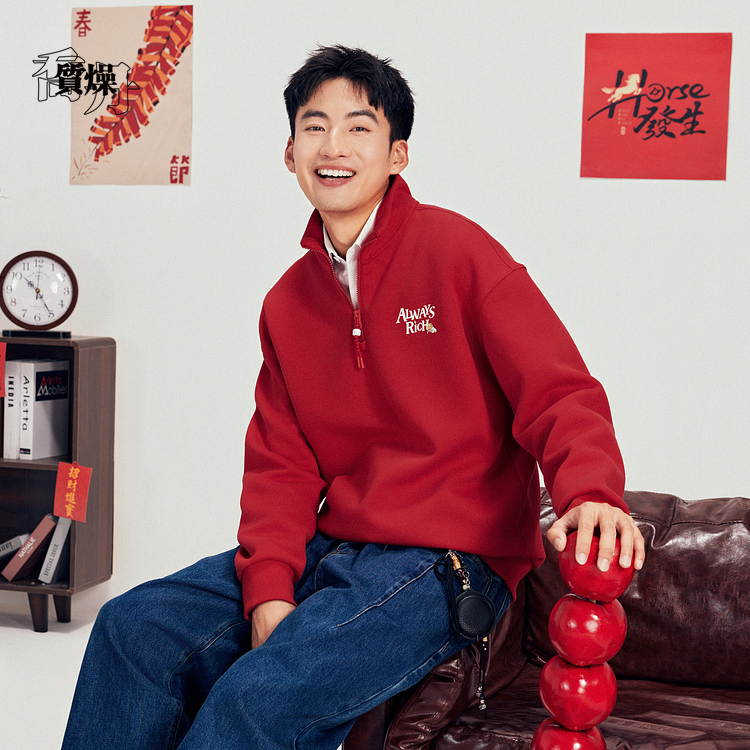 乔丹男款卫衣新年款红色套头衫2026新款时尚简约针织长袖休闲上衣