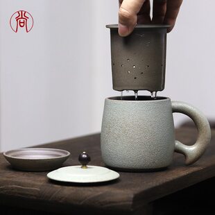 粗陶泡茶杯茶水分离带盖带过滤茶漏水杯办公室男陶瓷杯子马克杯女