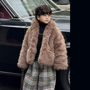 韩版男童毛毛外套冬装2025新款痞帅风加绒加厚儿童洋气时髦套装潮