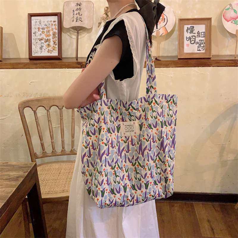 新品 夏季清新碎花单肩包大容量帆布包托特包手提女学生购物袋斜