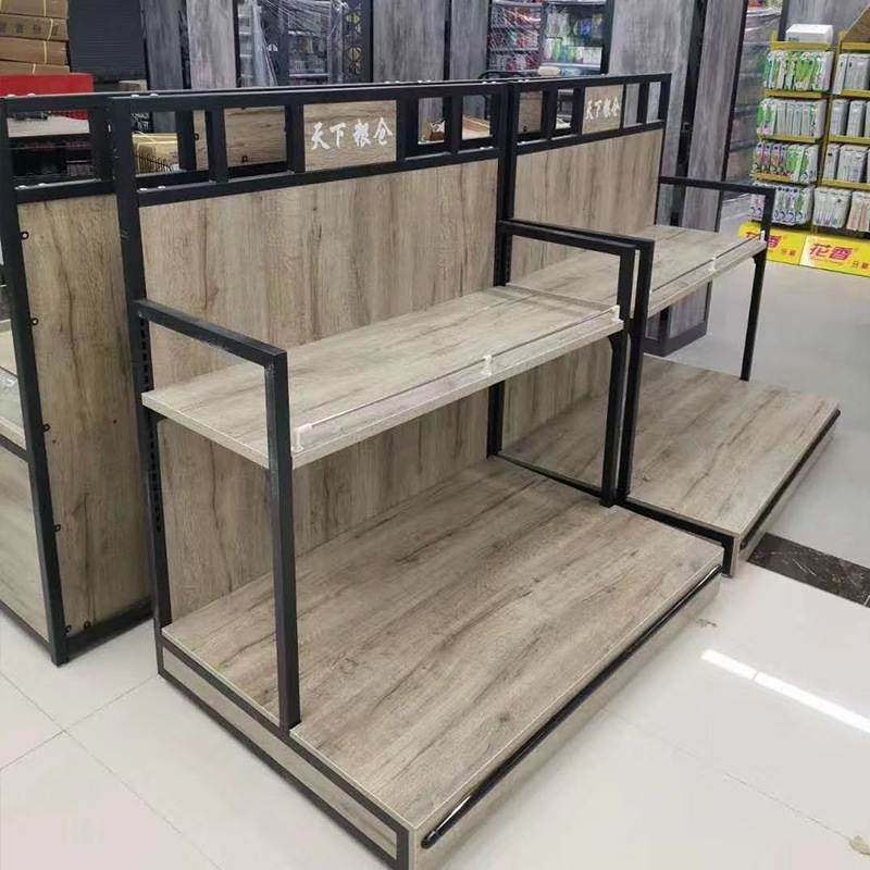 超市商品粮油货架展示架钢木米面店中岛陈列柜双面食用油大米货柜