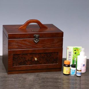复古木质手提医药箱家用大号急救箱木制医疗箱家庭药品药物收纳盒