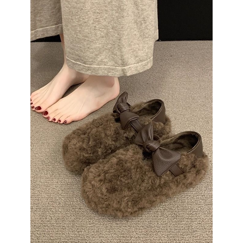 厚底毛毛鞋女外穿2025冬季新款女鞋蝴蝶结百搭一脚蹬加绒保暖棉鞋