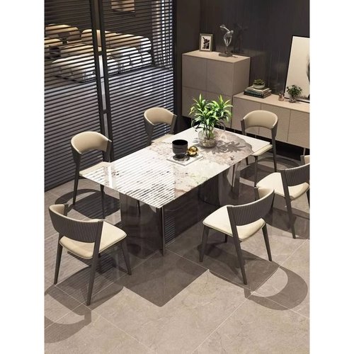 3Y不锈钢天然超晶石餐厅大理石意式小户型长方形家用餐桌椅组