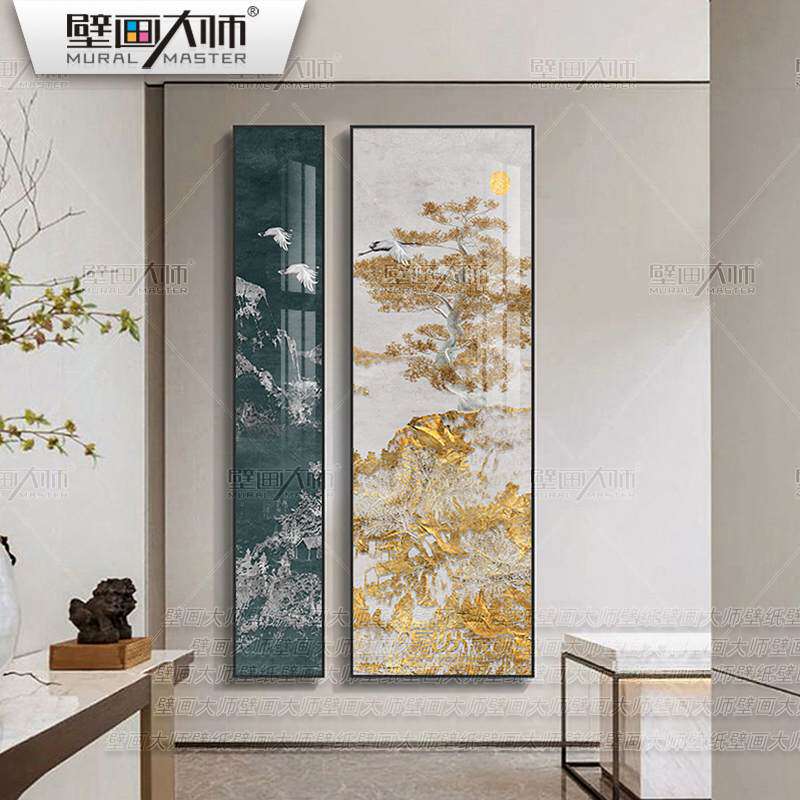 新中式入户玄关装饰画走廊3d好挂画寓意壁画过两联版竖禅意莲蓬道