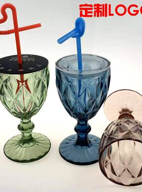 定制LOGO店名玻璃杯彩色高可插吸管水杯带盖美发杯子黑盖透明盖子