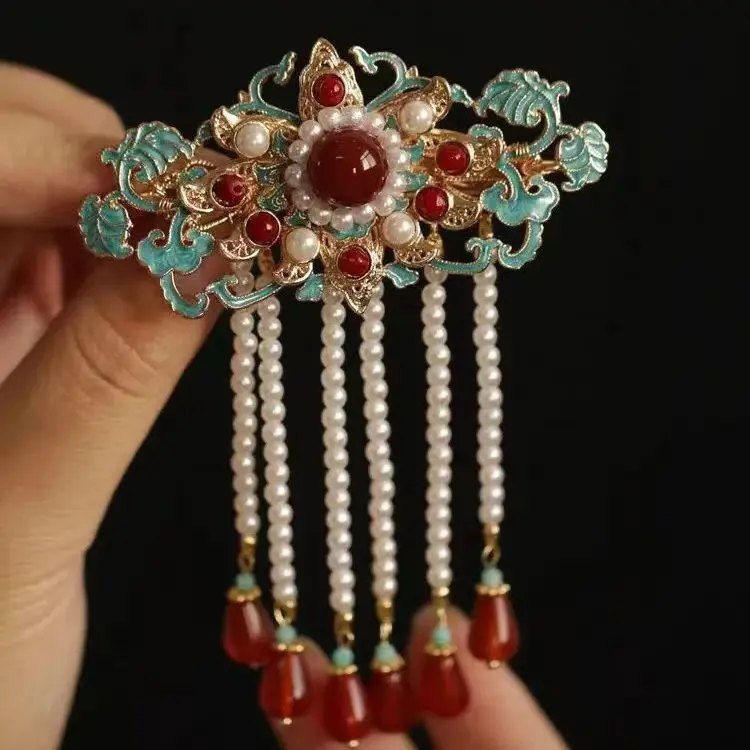 古风汉服头饰 复古宋制明制烧蓝后压簪 夹子新娘服饰红色压鬓复古