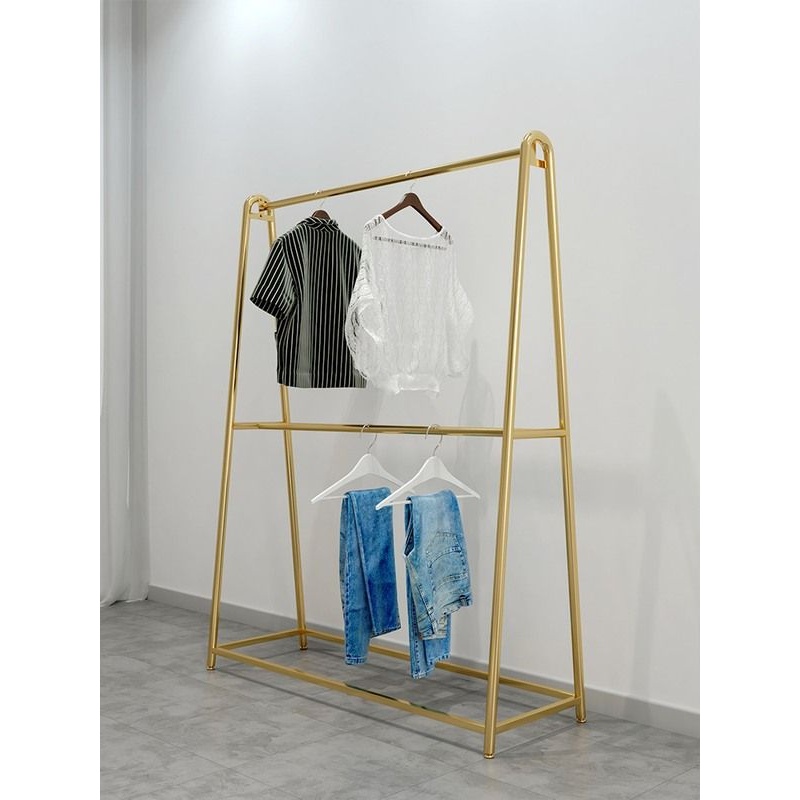 服装店展示架陈列架双层落地式挂衣架衣架双杆简约金色横杆童装店