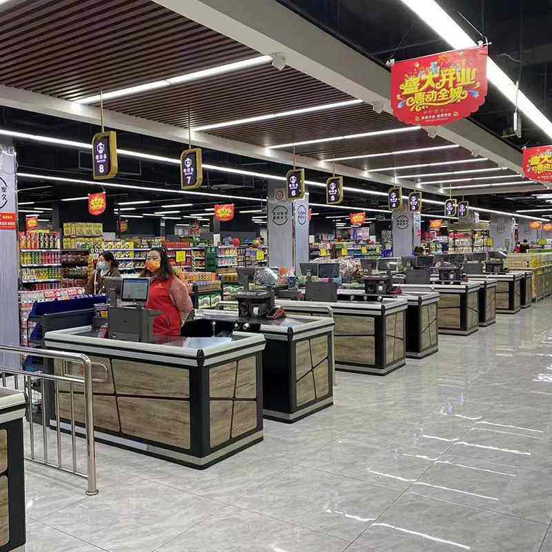 超市收银台整体式木纹装饰加厚收款台大型超市专用不锈钢面收银台