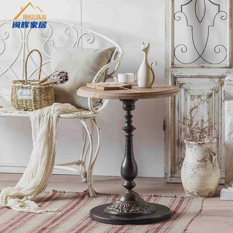 新款直销实木铁艺小茶几复古做旧客厅美式loft工业风圆桌甜品店圆