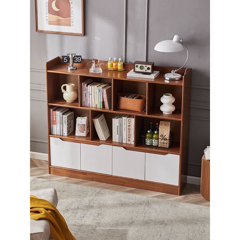 实木家用书柜客厅储物柜一体八格柜落地带门书架格子柜靠墙置物柜