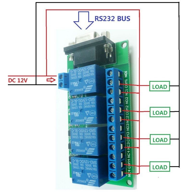 4通道DB9接口RS232继电器串口远程遥控开关 控制车库汽车电机马达
