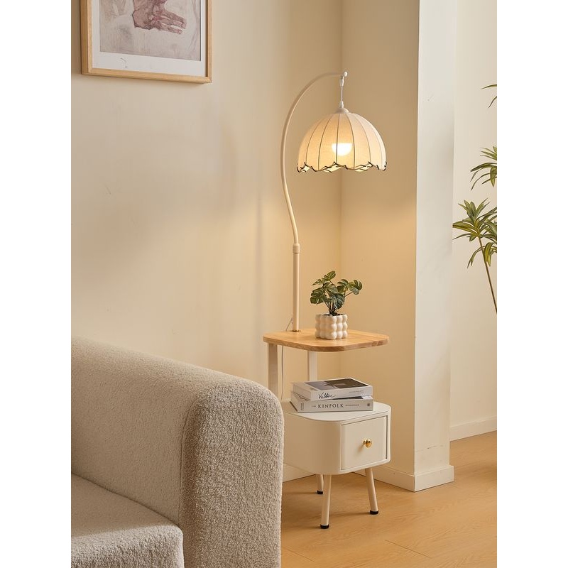 奶油风落地灯卧室床头柜台灯一体法式中古客厅沙发边置物架氛围感