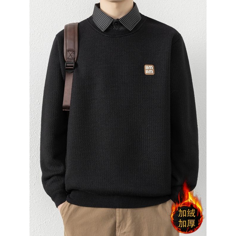 男士加绒假两件针织衫加厚保暖冬季衬衫领休闲痞帅潮牌打底衫毛衣