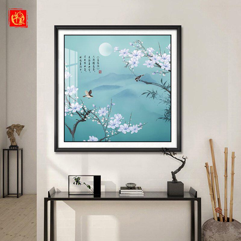 新中式玄关装饰画客厅餐厅走廊国画道尽头挂画床头过卧室花鸟实木