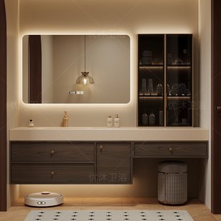 意式岩板浴室柜化妆洗漱台一体盆卫生间洗脸台池洗手盆柜组合定制