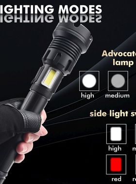 跨境新款xhp90+cob红白光强光usb调焦充电强光手电筒手电筒伸缩