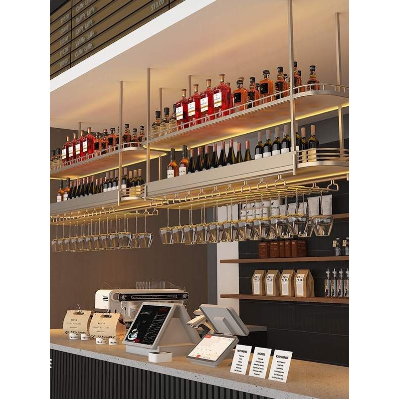 吧台上方吊架收纳架悬挂红酒杯架餐厅置物架酒吧酒架葡萄酒展示架