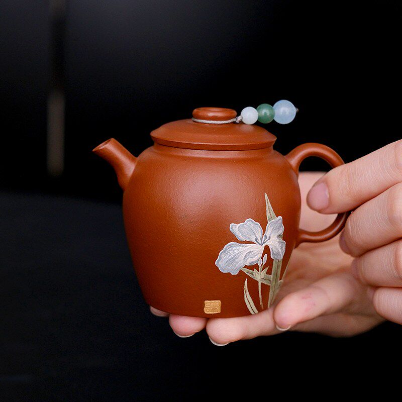 小谦山房泥绘鸢尾花紫砂壶家用茶具玉全手工朱砂茶壶生泥新疆包邮