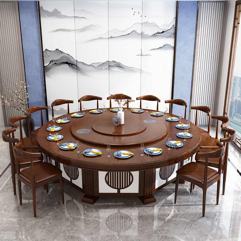 新中式酒店电动餐桌包厢电磁炉火锅桌古典大圆桌15人到20人圆餐桌