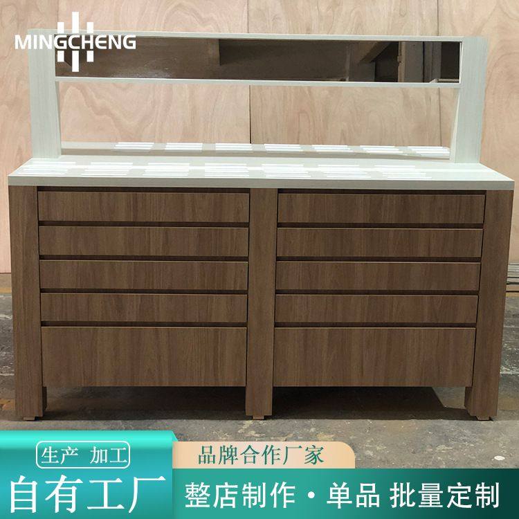 眼镜店的货柜浅色木纹防火板镜框自选区展示柜带镜墨镜多层中岛柜