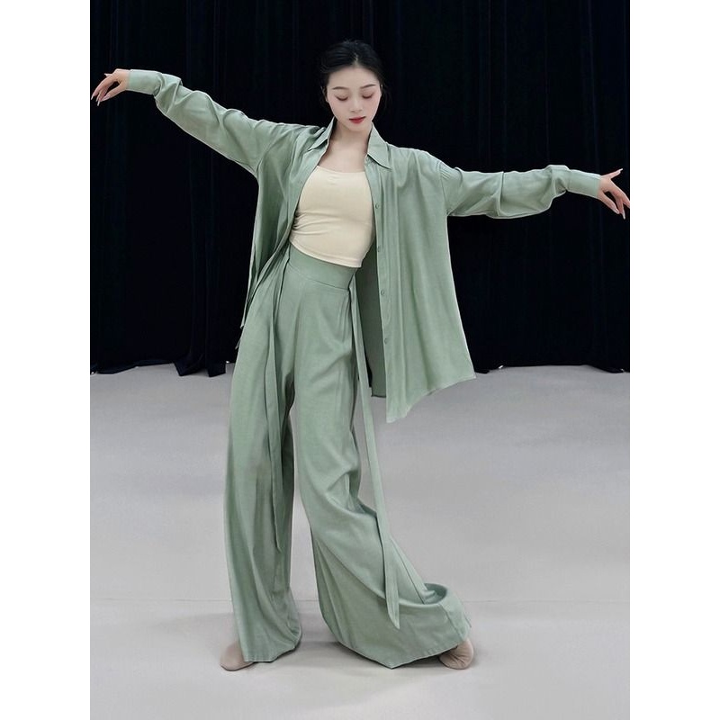 夏束新款现代舞服女宽松显瘦长袖衬衫上衣爵士舞练功服舞蹈服套装