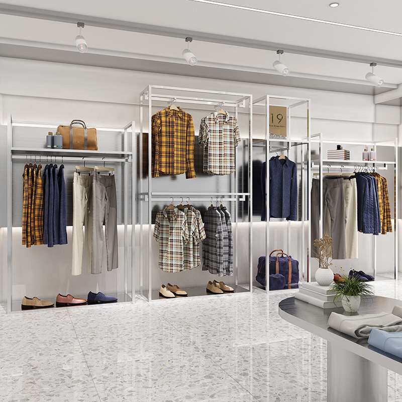 服装展示架男女装店不锈钢陈列货架落地式双层挂衣架正挂组合边柜