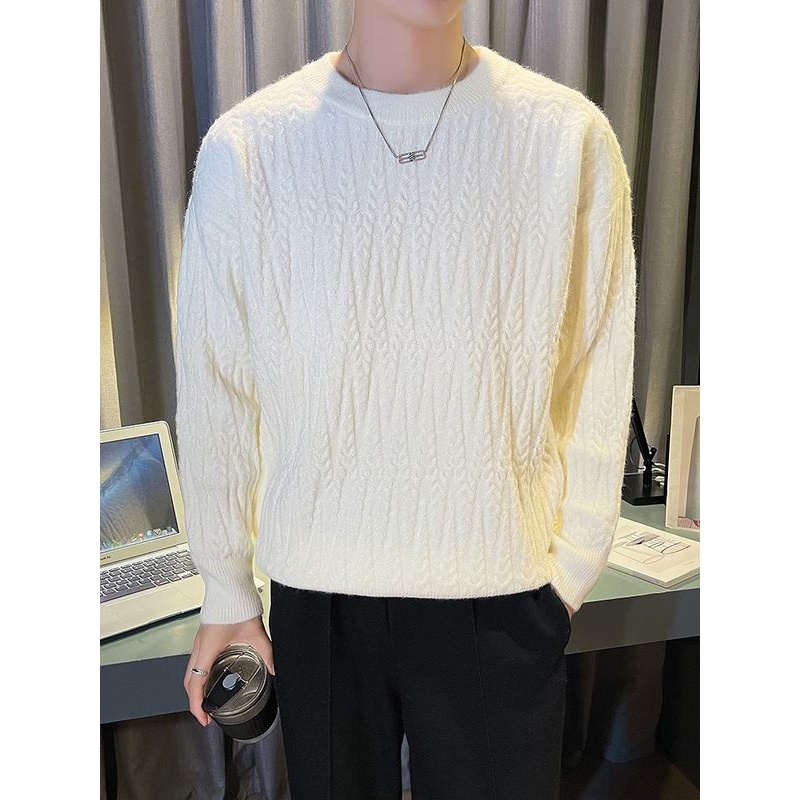潮牌痞帅圆领毛衣男秋冬款潮流麦穗提花针织衫2025新款内搭打底衫
