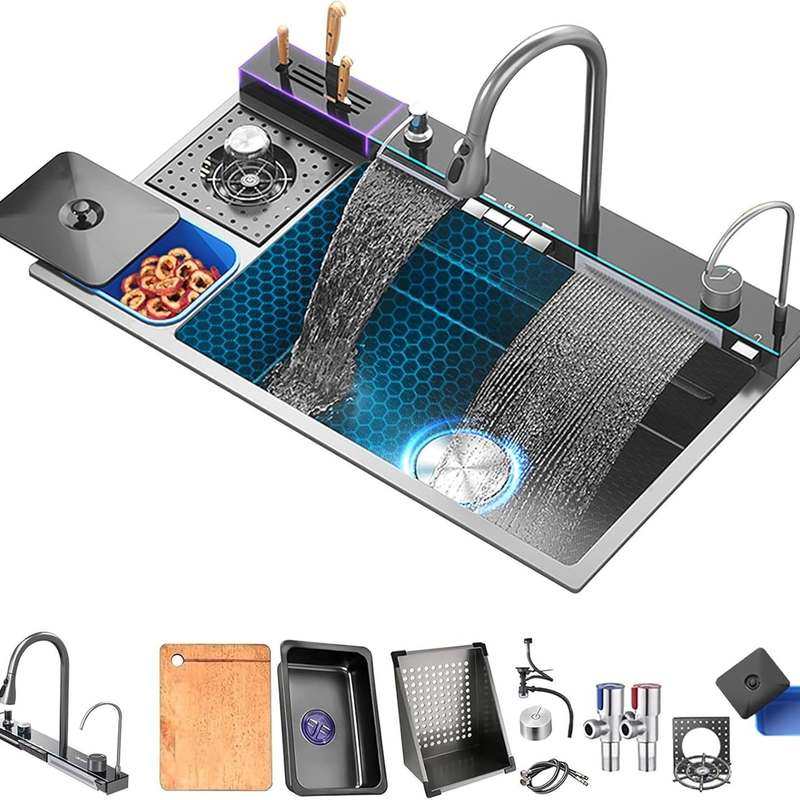 新品鲸鱼大单槽304不锈钢厨房数显水槽带垃圾桶洗菜盆洗菜池,家装主材,智能水槽,淘宝优惠券,粉丝福利购,淘宝优惠卷